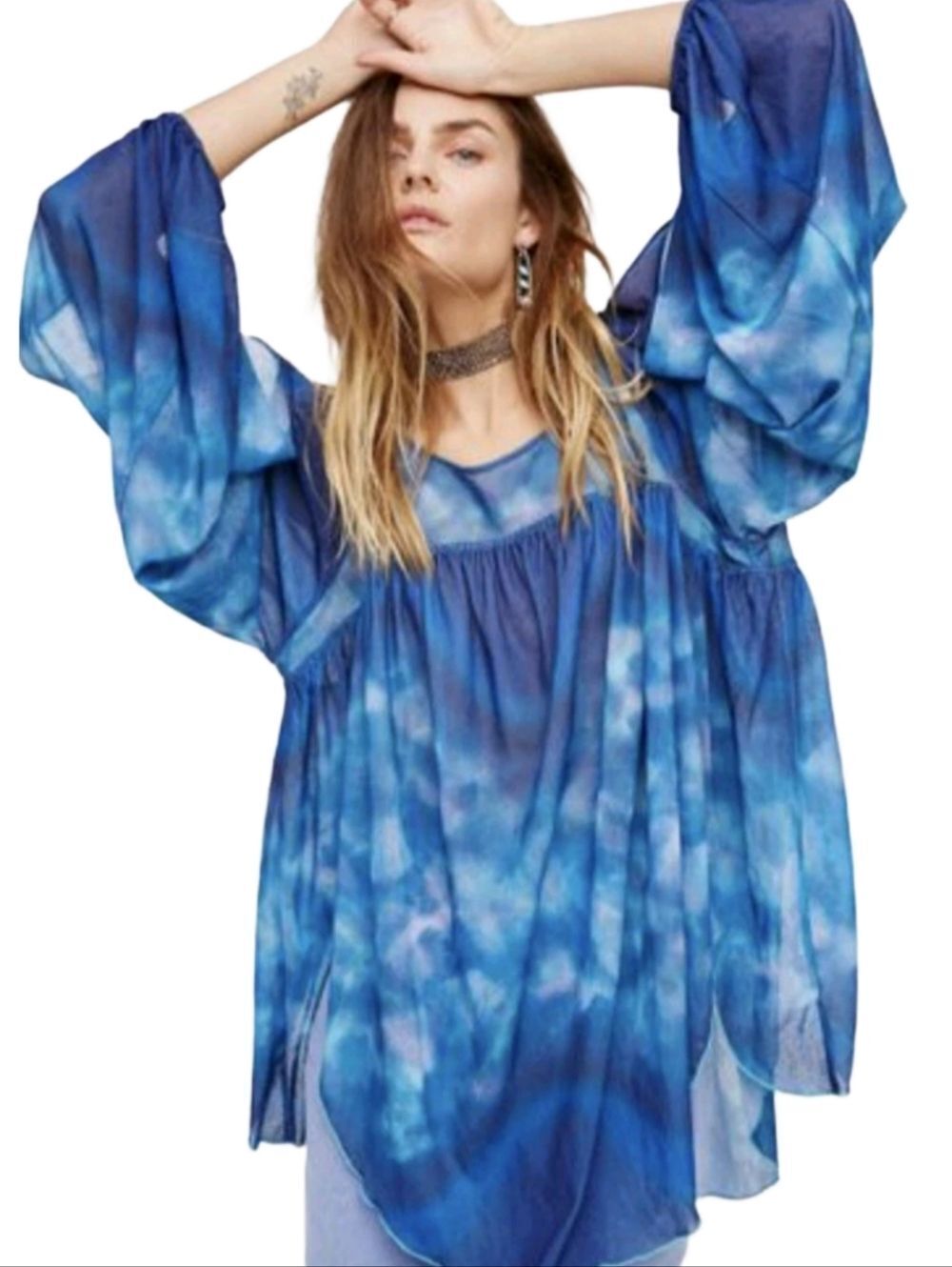 Free People Womens Blue Boho Tie Dye Mystic Cold Shoulder Tunic Top Size XS